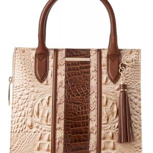 Brahmin Beige and Brown Croc-Embossed Tote with Tassel